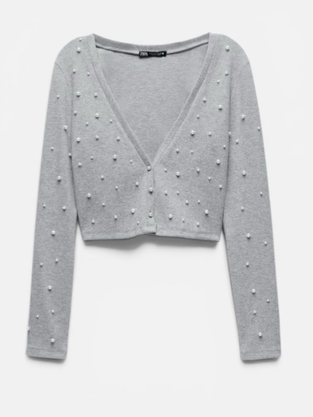 ZARA Grey Pearl Beaded Ribbed Crop Cardigan Top S